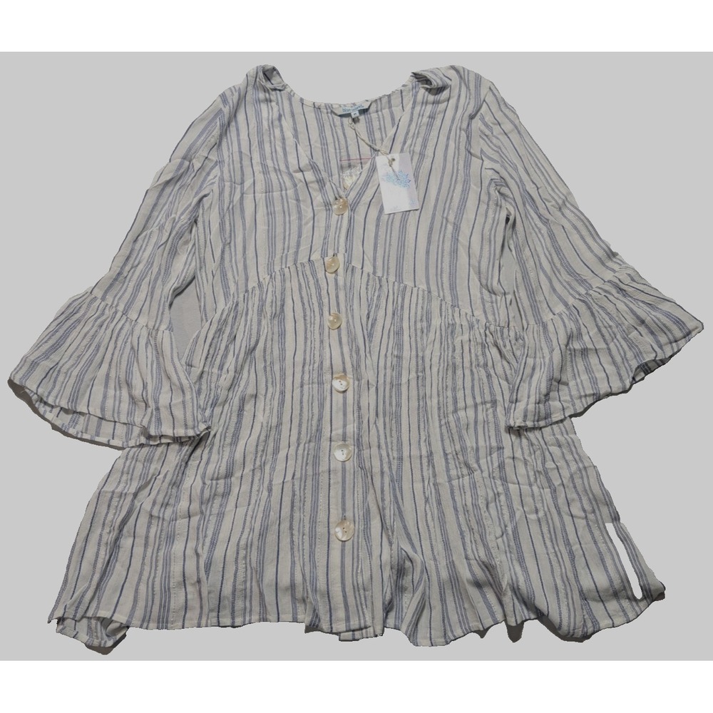 Blue Island Beach Coverup - Women Medium Rayon White + Blue Silver Metallic‎ NEW
